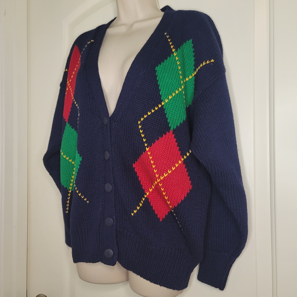 Vintage 90s Just Sasha Oversized Argyle Cardigan Sweater Grandmacore - Picture 2 of 4